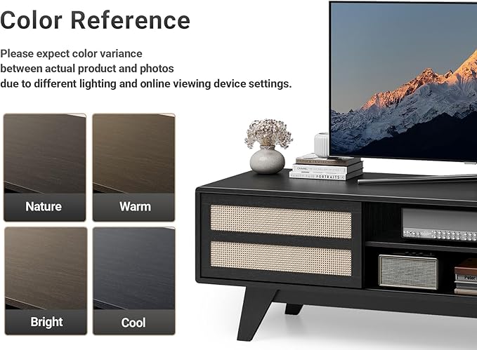 Claiks Boho TV Stand for 70 Inch TV, Modern TV Console with 2 Rattan Storage Cabinets & Adjustable Shelf, Woven TV Stand for Living Room, Black