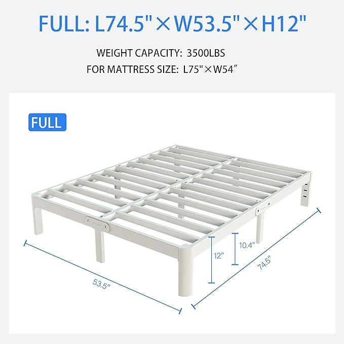 White Full Size Bed Frame 12 Inch, Metal Full Bed Frame No Box Spring Needed, Heavy Duty Steel Support 3500 LBS, DIY Headboard, Noiseless, Round Corner Legs, Storage Space, Easy Assembly