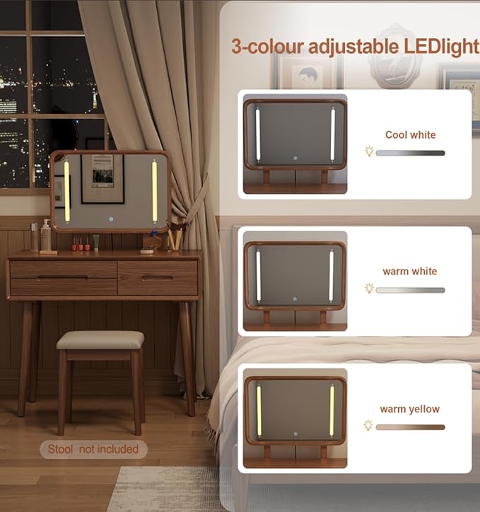 KungFuWood Natural Wooden Make up Table with Lighted Mirror,Soild Wooddressing Table with 3 Lighting Modes Brightness Adjustable,Drawers,Height Adjustable Mirror,Bedroom,Woman, Girl