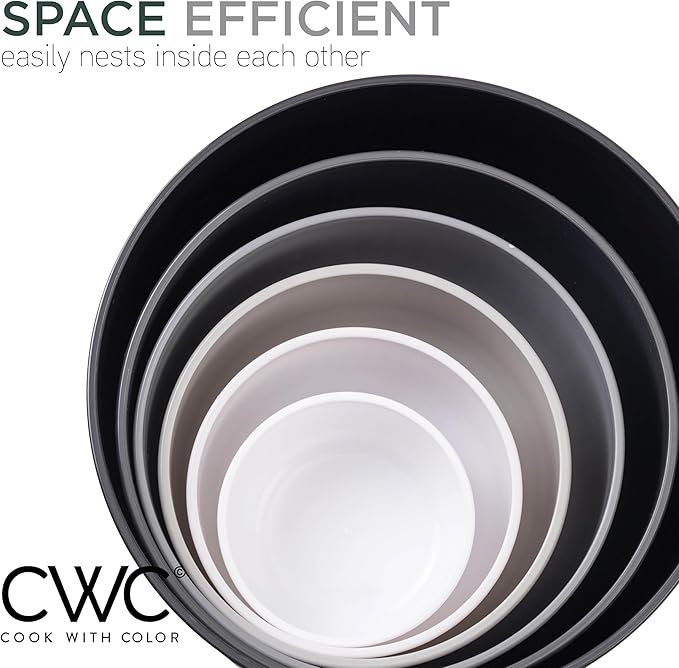 COOK WITH COLOR Prep Bowls with Lids- Wide and Deep Nesting Plastic Small Mixing Bowl Set with Lids, 12 Piece Set - Wide Bowls, Black/White