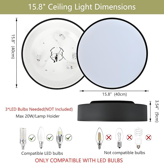 Modern Flush Mount Ceiling Light, 3-Lights Black Ceiling Light, Minimalistic Ceiling Lamp Acrylic Shade Lighting Fixture for Bedroom Laundry Room Bathroom Hallway(15.8 Inch)