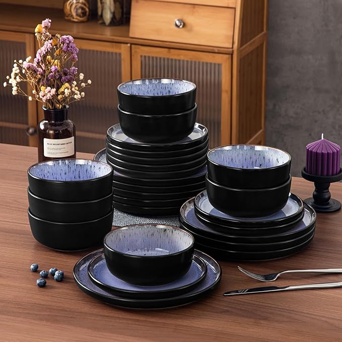 vancasso Plates and Bowls Sets, 24 Pieces Stoneware Dinnerware Sets for 8, Kitchen Dish Set Mircowave and Dishwasher Safe Dinner Set Ceramic Dishware, Light Purple, Series AMBER