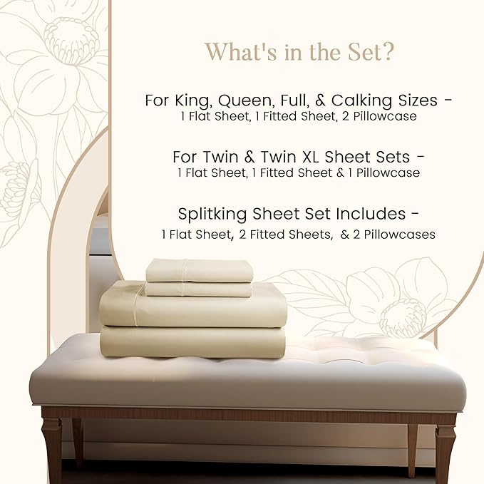 Queen Sheet Set - 800TC Egyptian Cotton Bedding Sheets & Pillowcases - Soft, Durable and Luxurious 4PC Sateen Weave Ivory Bed Sheets for Queen Size Bed, No Pill & Shrink Thick Machine Washable