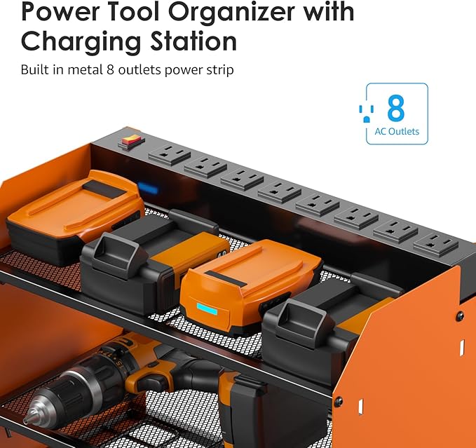 CCCEI Modular Power Tool Organizer Wall Mount with Charging Station. Garage 4 Drill Storage Shelf with Hooks, Drill Bit Heavy Duty Rack, Orange Tool Battery Holder Built in 8 Outlet Power Strip.
