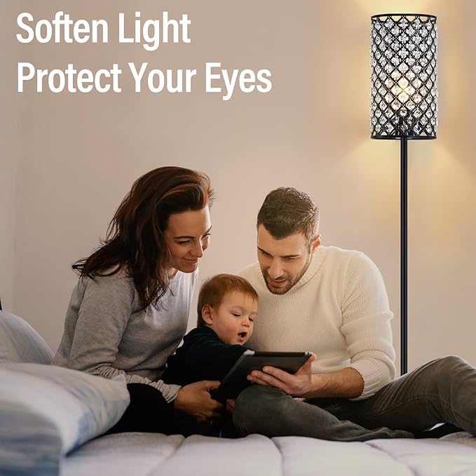 Crystal Floor Lamp, Modern Standing Lamp with Elegant Shade Black Floor Lamp with On/Off Foot Switch,Tall Pole Accent Lighting for Living Room, Girl Bedroom, Dresser, Office