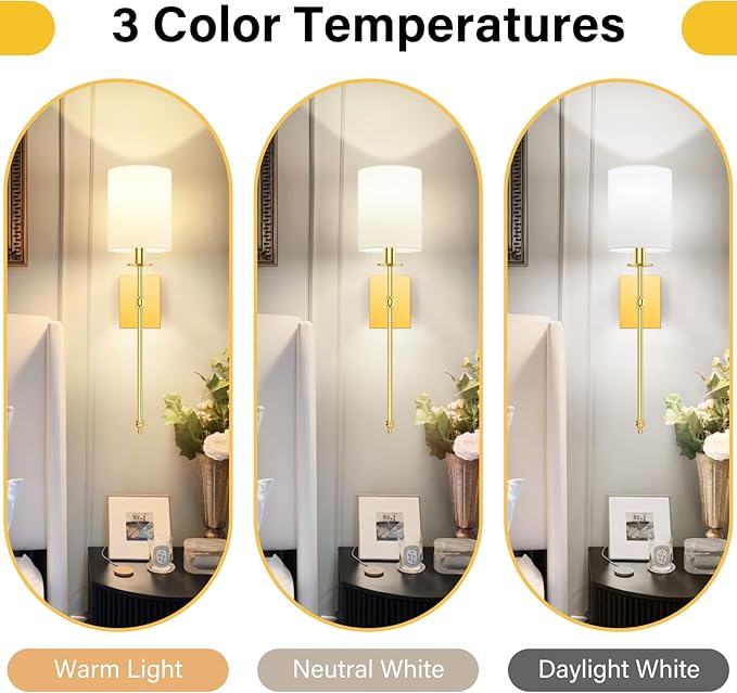 27 Inch Wall Sconces Battery Operated Set of 2, Rechargeable Wireless Wall Sconces Lights with Remote, Not Hardwired Dimmable Gold Wall Lamps with White Fabric Shade for Bedroom, 2 Bulbs Included