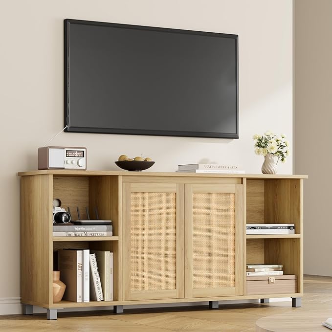 GarveeHome 70" Mid-Century Modern TV Stand - Rattan Door Entertainment Center with 2 Storage Cabinets & 3 Open Shelves, Media Console for Living Room (Natural)