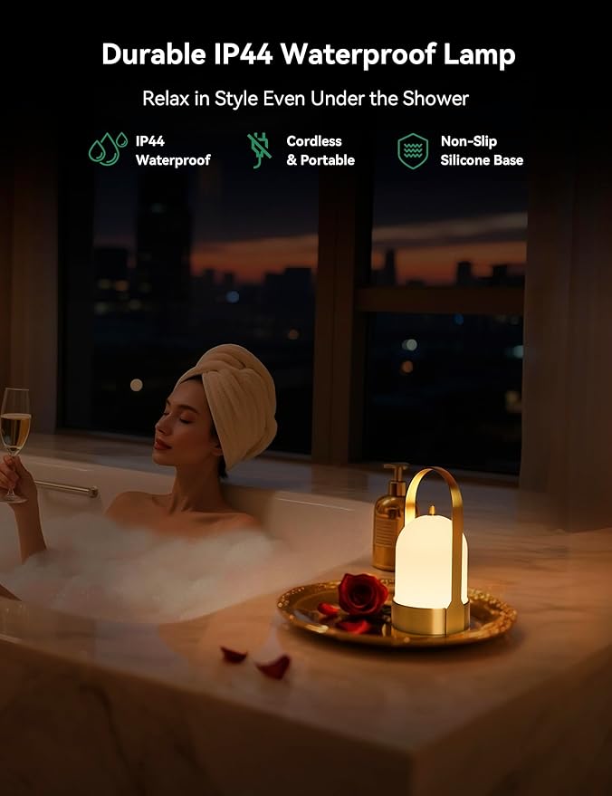 Tubicen Portable Lamp, Battery Operated Cordless Outdoor Table Lamps Rechargeable 4-Level Touch Dimmable IP44 Shower Lamp, Night Light for Patio Camping Dining Room Bedroom (Brass, Waterproof)