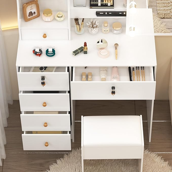 Small Makeup Vanity Desk with Lights and Slidind Mirror, Vanity Table Set with Chair, Lighted Dressing Table with 3 Adjustable Light Modes, 6 Drawers, 6 Shelves, White Vanity Desk for Women