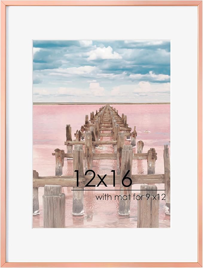 12x16 Metal Picture Frame For Wall With Mat For 9x12, 12''x16'' Aluminum Certificate Document Frames With Tempered Glass, Minimalist Modern Poster Frame Horizontally And Vertically, Rose Gold