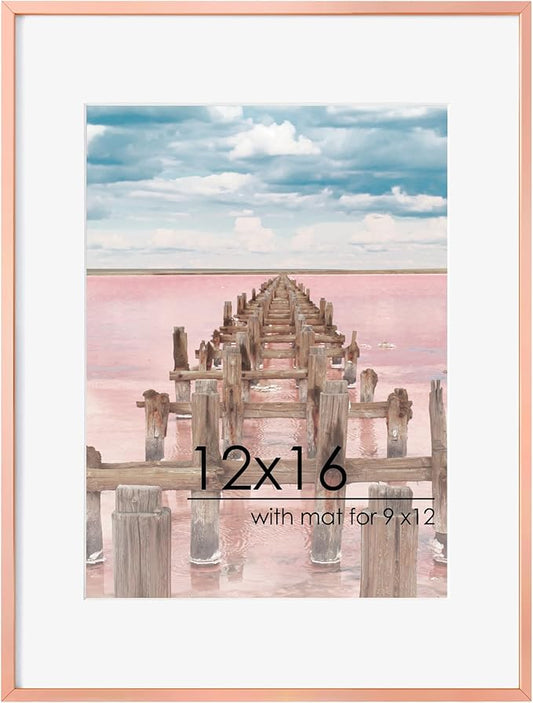 12x16 Metal Picture Frame For Wall With Mat For 9x12, 12''x16'' Aluminum Certificate Document Frames With Tempered Glass, Minimalist Modern Poster Frame Horizontally And Vertically, Rose Gold