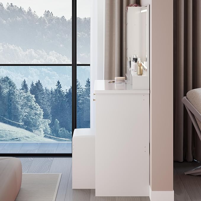 41" Vanity Desk with Mirror and Lights, Makeup Table with Led Mirror, 3 Lighting Colors, Vanity Set with Drawers and Stool for Bedroom, White