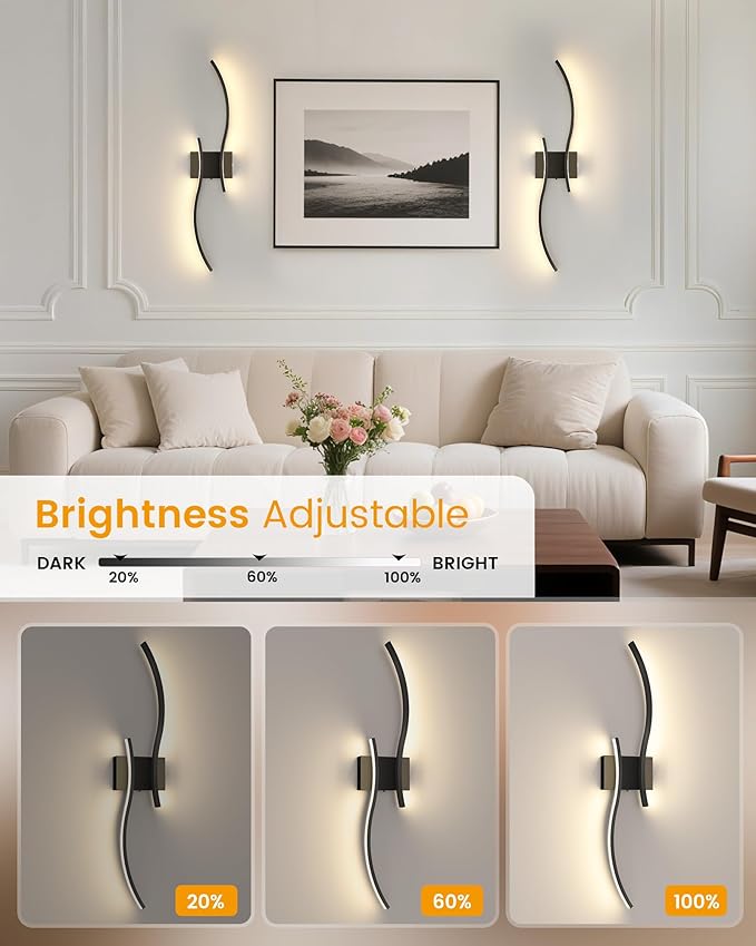 NIORSUN 39.4 Inch Battery Operated Wall Sconce Set of 2, Black Modern Rechargeable Wall Lights with Remote, 3CCT Dimmable Wireless Wall Lamp for Living Room Bedroom Hallway