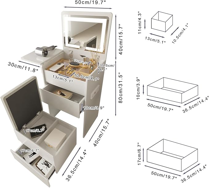 Vanity Desk with Flip Top Lighted Mirror, Compact Makeup Table with Storage Stool, Integrated Vanity with Drawers, 3-in-1 Vanity Desk Set, Small Dressing Table for Bedroom (White)