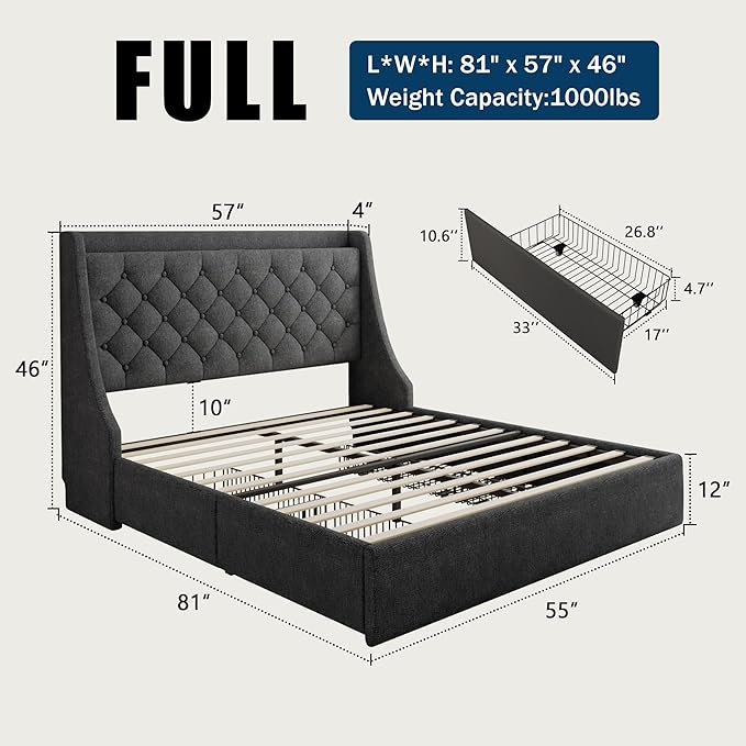 Full Size Bed Frame with 4 Storage Drawers, Giant Upholstered Wingback Headboard, Fast Charging Station, No Box Spring Needed, Noise-Free, Dark Grey