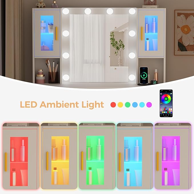 BEWISHOME Vanity Desk with Mirror and Lights,White Makeup Vanity Table with Power Outlet and Stool,Large Makeup Desk with 7 Drawers,Dressing Table for Bedroom Dressing Room FST38W