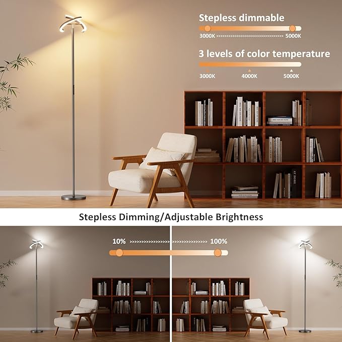 LED Floor Lamp - 70" Tall Modern Standing Lamp with 2 Rotatable Lights, Remote & Touch Control, 24W Bright Stepless Dimmable, Ideal for Living Room Bedroom Office(Grey)
