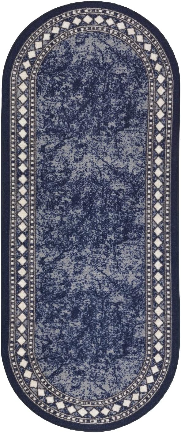 Antep Rugs Alfombras Modern Bordered 2x5 Non-Skid (Non-Slip) Low Profile Pile Rubber Backing Kitchen Area Rugs (Navy Blue, 2' x 5' Oval)