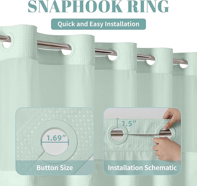 MintGreen Extra Long No Hook Waffle Weave Shower Curtain with snap-in Liner Replacement, 230GSM Waterproof Fabric Hotel Shower Curtain Set for Bathroom, Through Mesh Top Window,71Wx86H