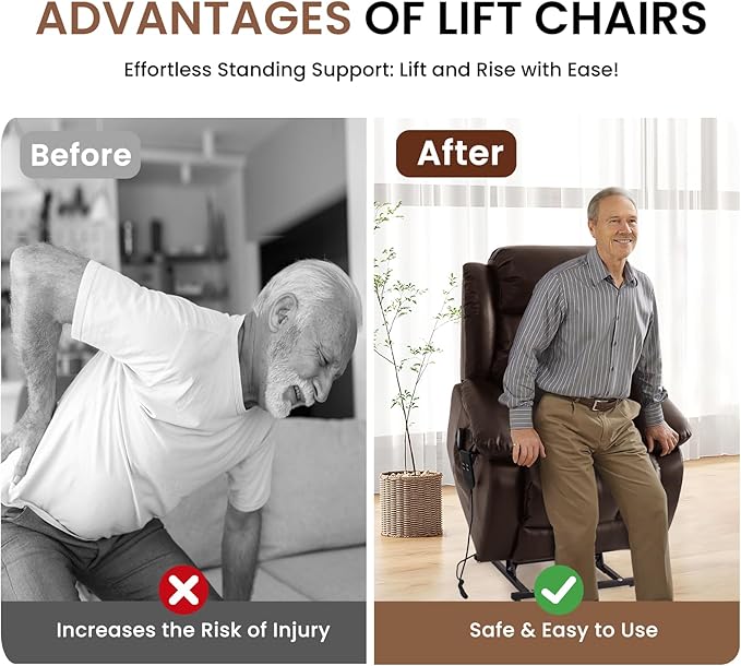 TEKAMON Power Lift Recliner Chair for Elderly with Heat & Massage, Dual Motor Breathable Leather Recliner, Lay Flat Sleeping Chairs with Infinite Position, RemoteControl(Brown, Extended)