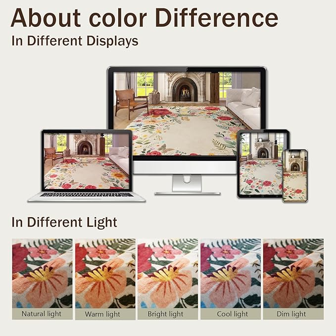 Washable Floral Area Rugs for Living Room, 5'x7' Beige Soft Non-Slip Bedroom Rug Stain Resistant Lightweight Boho Vintage Low-Pile Throw for Dining Room Office