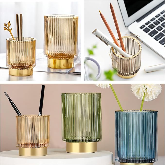 DASITON Makeup Brush holder Organizer,Crystal Cosmetic Makeup Brush Glass Brushes Storage Holder, Vintage Make Up Brush Cup Pen Pencil Holder striped vase(Coffee L)