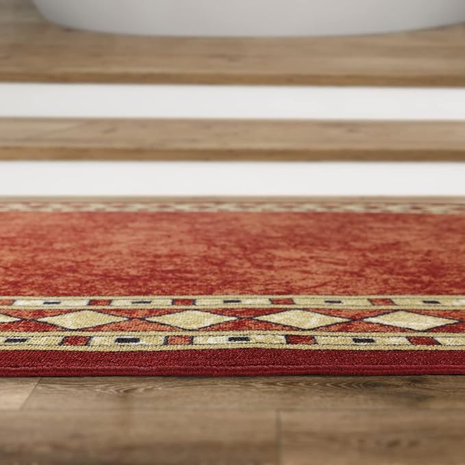 Antep Rugs Alfombras Modern Bordered 2x5 Non-Skid (Non-Slip) Low Profile Pile Rubber Backing Kitchen Area Rugs (Maroon Beige, 2' x 5' Oval)