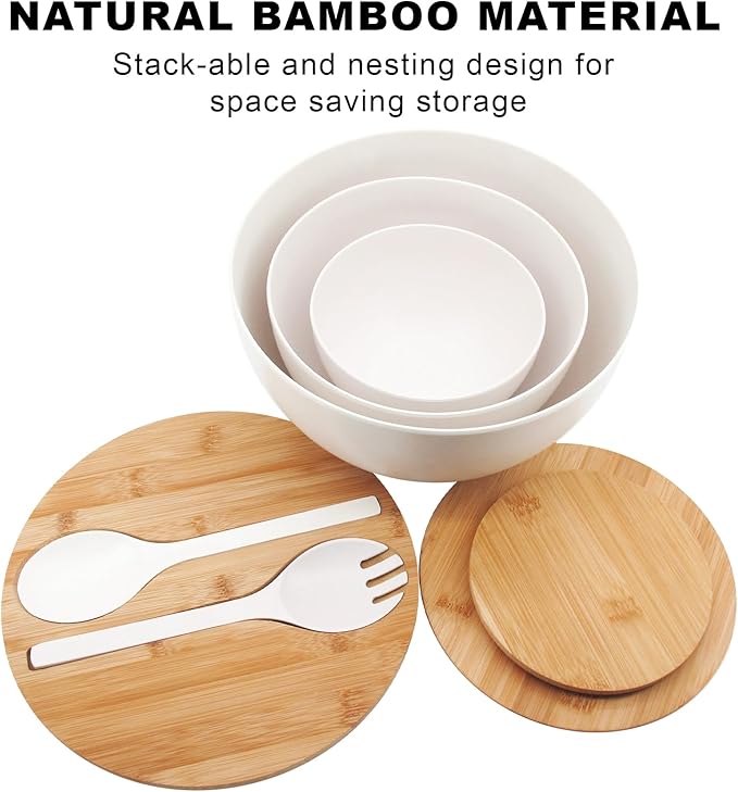 Salad Bowls Set of 3 with Lid & Serving Utensils, Bamboo Fiber Mixing Bowls Set Large Serving Bowls & Storage Set with Bamboo Lid for Salad, Kitchen Eating, Pasta, Popcorn, Chips, Fruit, White