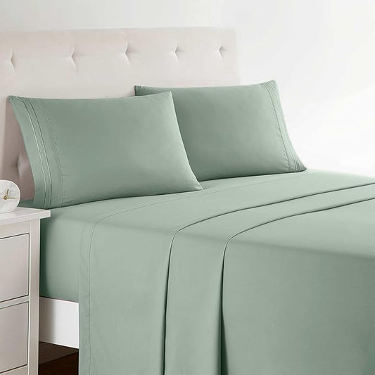 Clara Clark Bed Sheets, Premier 1800 Series Bed Sheet Set, Deep Pocket, Wrinkle, Fade, Stain Resistant, Luxury Soft Bedding Sheets & Pillowcases, Queen, Ice Green