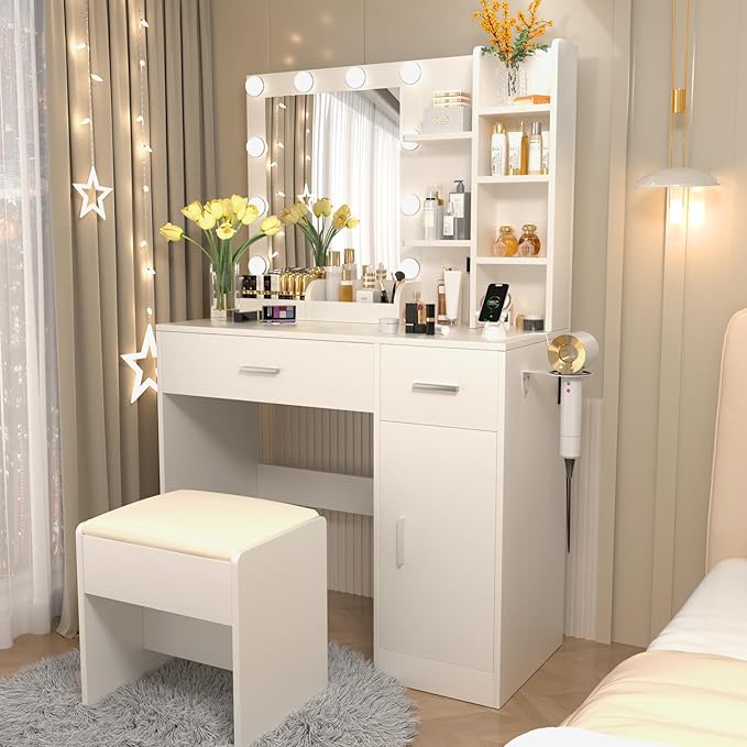Vanity Mirror with Lights Desk and Chair: Make up Vanity with Mirror and Lights, Vanity Dresser with Drawers and Stool, for Bedroom Dressing Room (White)