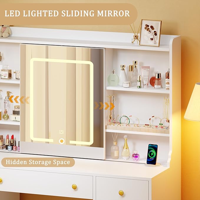 Vanity Desk with LED Lights & Sliding Mirror, Makeup Vanity with Lights, Power Outlet, White Vanity Desk with 5 Drawers & 2 Cabinets, 6 Storage Shelves for Bedroom