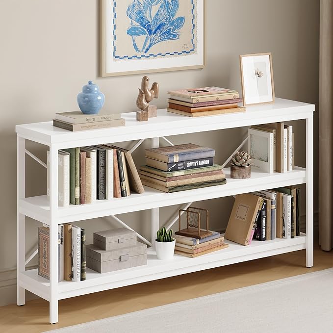 karlott 3-Tier Console Table, 55.1" Entryway Table with Metal Frame and Open Shelves, Modern Behind Couch Sofa Table for Living Room, Hallway, Foyer, Entrance, Industrial, Bookshelf, White