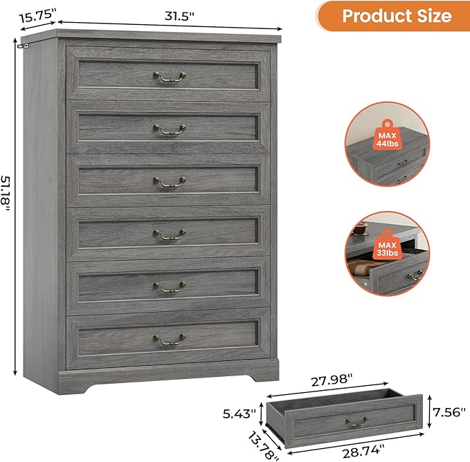 DICTAC Farmhouse 6 Drawers Dresser for Bedroom,51.2" Tall Rustic Wood Chest of Drawers,Large Storage Chest with Vintage Metal Handles, White Dresser for Bedroom,Closet,Hallway,Oak Grey