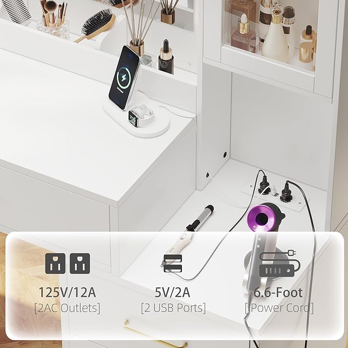 51" Vanity Desk with Mirror and Lights & Charging Station, Bedroom Dressing Table, Large Vanity Set with Cushioned Stool, 6 Drawers and 2 Cabinets, Makeup Vanity Table with Charging Station