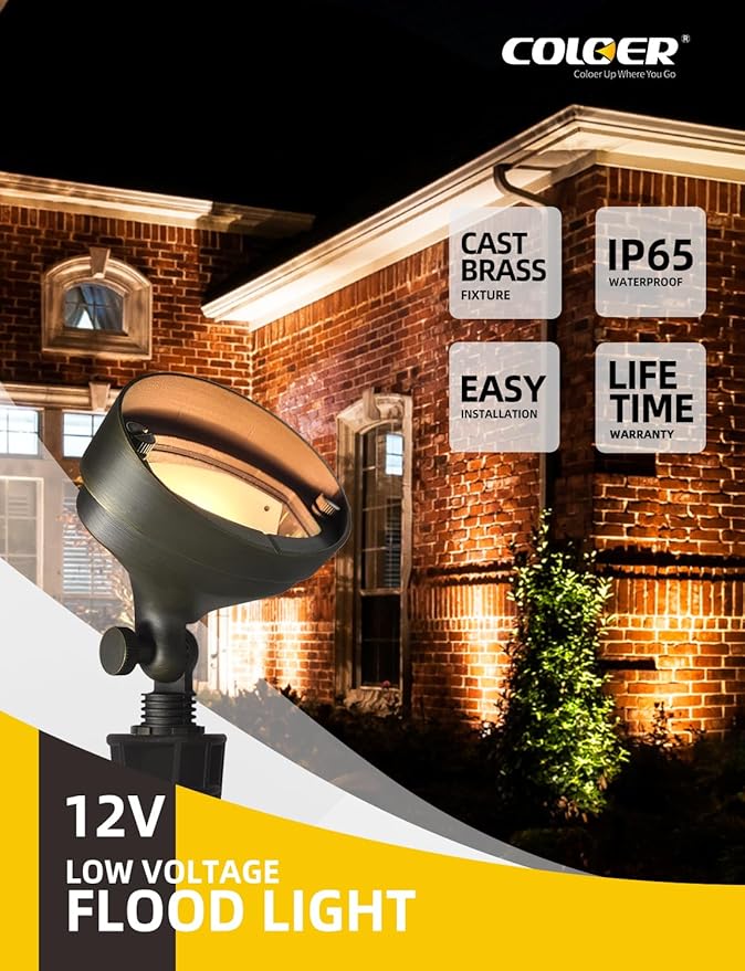 COLOER Die-cast Brass LED Landscape Flood Lights Outdoor 10-Pack with Bulb, 2W 9-17 Volt Low Voltage Wall Wash Lighting, Outdoor Floodlight for Illuminating Signs, Walls and Plant Material(501B)