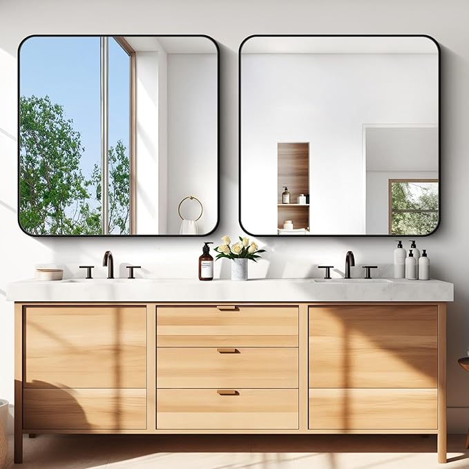 Bathroom Mirror, 42x42 inch Black Square Wall Mirror, Rounded Corner Aluminum Metal Frame Vanity Mirror, Large Wall Mounted Mirrors for Over Sink Bedroom Living Room Entryway