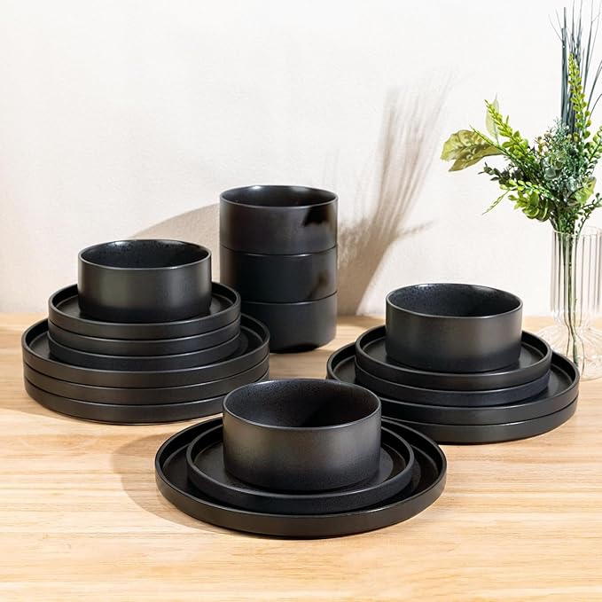 GBHOME Ceramic Dinnerware Sets for 8, Stoneware Plates and Bowls Sets, Chip and Scratch Resistant Dishes, Dishwasher & Microwave& Oven Safe Dishes sets, Reactive Glaze-Black
