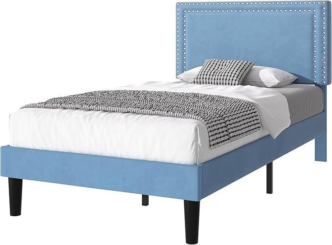 VECELO Twin Size Platform Bed Frame with Adjustable Upholstered Headboard, Strong Wood Slat Support, No Box Spring Needed, Easy Assembly
