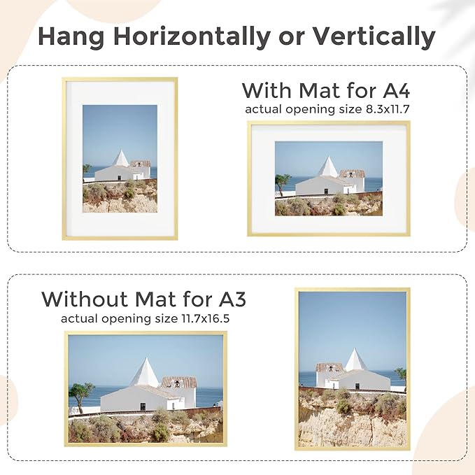 A3 Picture Frame Gold - High-End Metal 11.7 x 16.5 Frame for Wall, Poster Frame, A3 Photo Frame with Mat A4, Aluminum Frame and Real Glass, Wall Kit, Gold