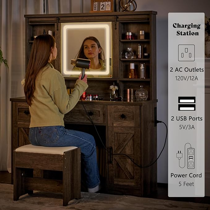 AMERLIFE 47.2" W Farmhouse Makeup Vanity Desk with Charging Station, Vanity Set with Stool & Sliding Mirror & 3 Brightness Lights, Glass Desktop, Ample Storage, Dark Oak