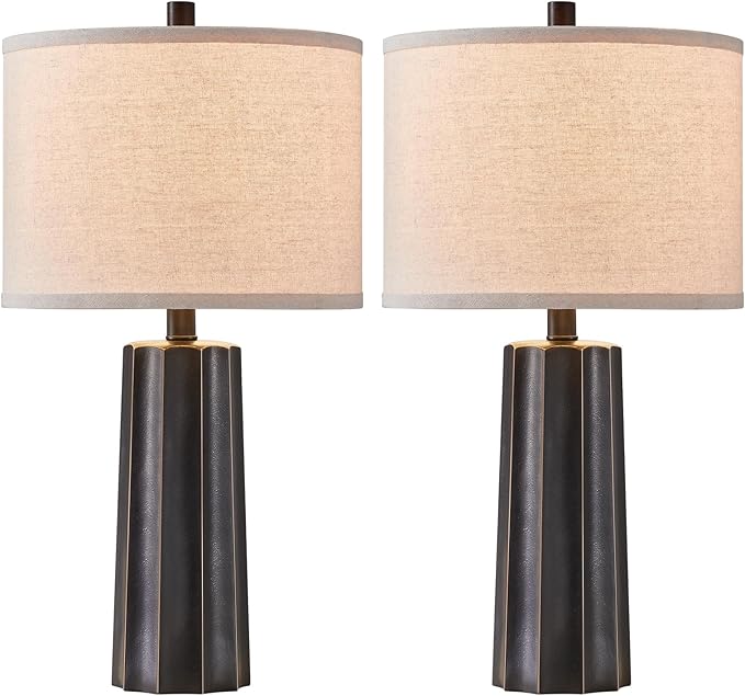 RORIANO Set of 2 Vintage Table Lamps for Bedroom Living Room, 24'' Traditional Farmhouse Resin Desk Lamps Rustic Modern Nightstand Bedside Lamps for Home Office Entryway, 2 Bulbs Included (Black)