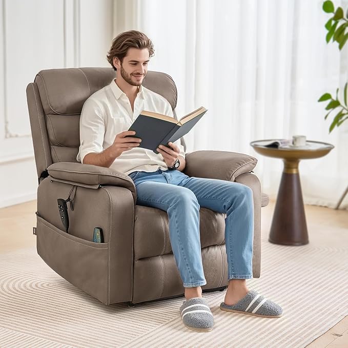 VEVOR Power Lift Recliner Chair, Dual Motor Lift Chair with Heat and Massage for Elderly, Infinite Position Adjustment Electric Recliner with a Cup Holder (Medium-Wide, Light Brown)
