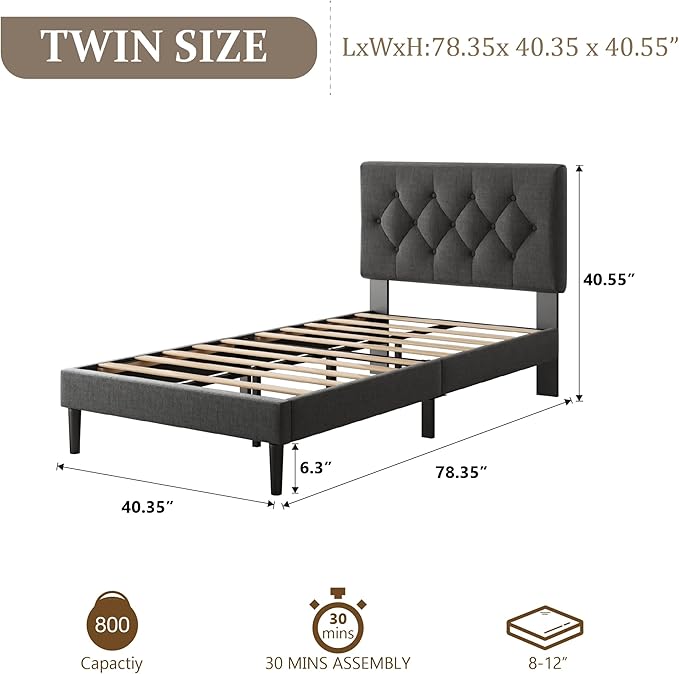 Twin Size Platform Bed Frame with Upholstered Headboard, Button Tufted Design, Strong Wooden Slats, No Box Spring Needed, Easy Assembly, Noise Free