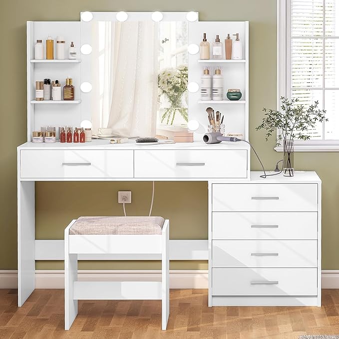 Vanity Desk with Mirror & Lights, Makeup Vanity with 6 Drawers, 6 Open Shelves and Power Outlet, 48” Storage Makeup Vanity Desk with Stool Bench for Women, Girls, Bedroom, White