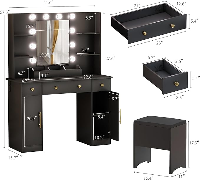 Vanity Desk with Mirror and Lights,Black Makeup Vanity with Charging Station & Vanity Stool, 3 Drawers and Cabinets White Vanity Mirror with RGB LED Lights Vanity Desk and Chair for Women