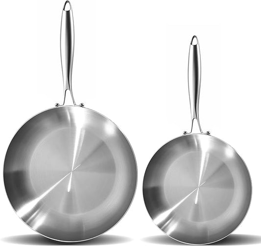 LOLYKITCH 8.5-12 Inch Tri-ply Stainless Steel Frying Pan Set,Skillets,Chef's Pan,Induction Cookware,Dishwasher and Oven Safe,Detachable Handle.