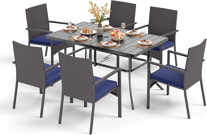 PHI VILLA 7 Piece Outdoor Dining Set for 6, 59” Rectangular Metal Steel Dining Table with Umbrella Hole & Cushioned Rattan Wicker Chairs for Patio, Deck, Yard, Porch