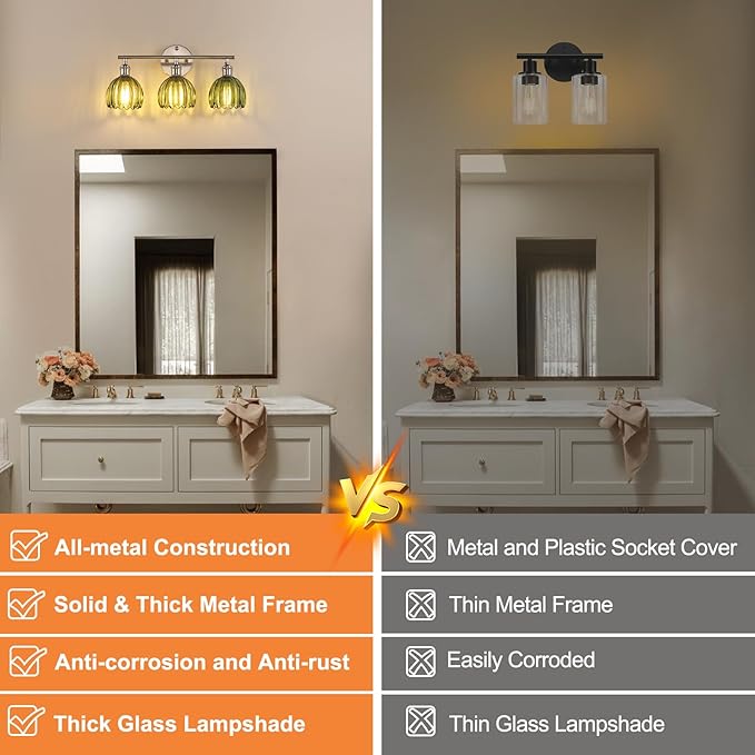 Bathroom Light Fixtures, 3-Light Vanity Wall Light Over Mirror with Green Tulip Glass Shade for Bedroom Living Room, Satin Nickel