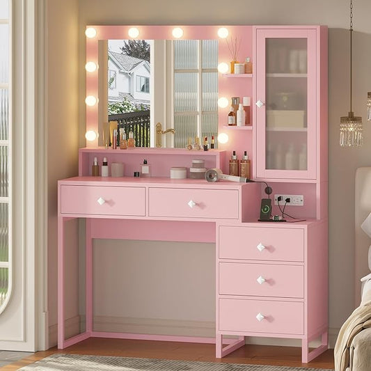 Tiptiper Makeup Vanity Desk with Mirror and Lights & Charging Station, White Vanity Table with 5 Storage Drawer & Glass Door & 3 Shelves for Bedroom,Pink