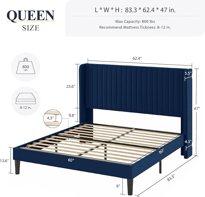 Allewie Queen Size Velvet Bed Frame/Vertical Channel Tufted Wingback Headboard/Upholstered Platform Bed/Strong Wooden Slats/No Box Spring Needed/Easy Assembly/Dark Blue